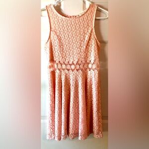 Iris Peach Pink Floral Cotton Lace Poly Knit Cutout Waist Sleeveless Dress Large
